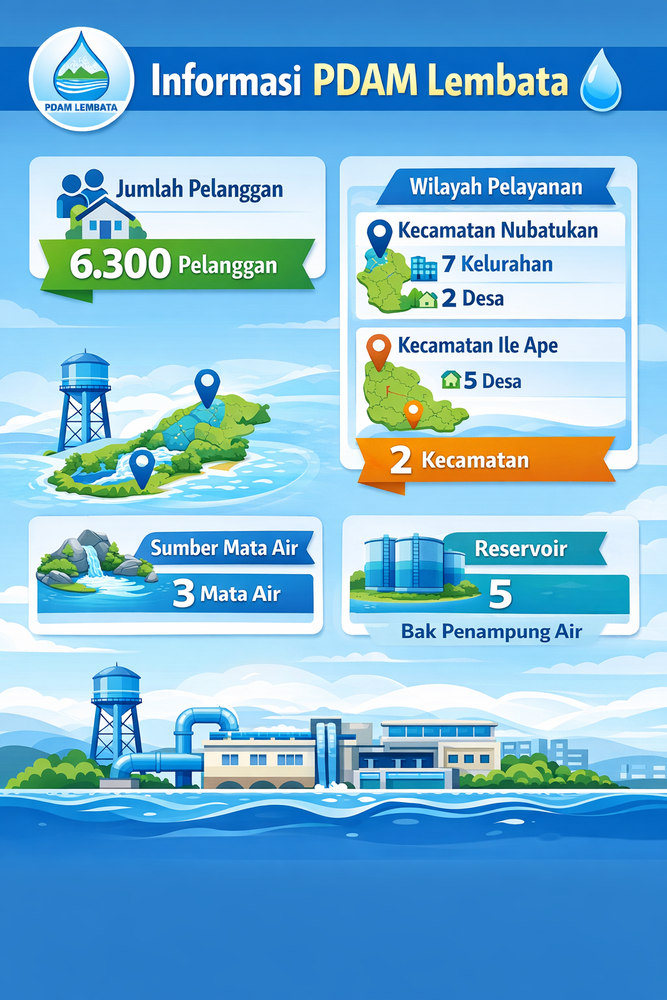 Gambaran layanan PDAM Lembata meliputi jumlah pelanggan, wilayah pelayanan, sumber mata air, dan reservoir pendukung distribusi air.